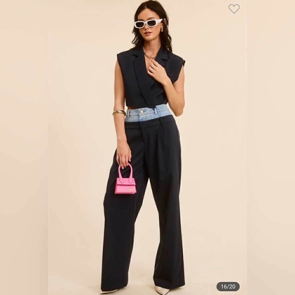 007. SOLID V-NECK CROP WAISTCOAT VEST- NAVY BLUE - Picture 2 of 6